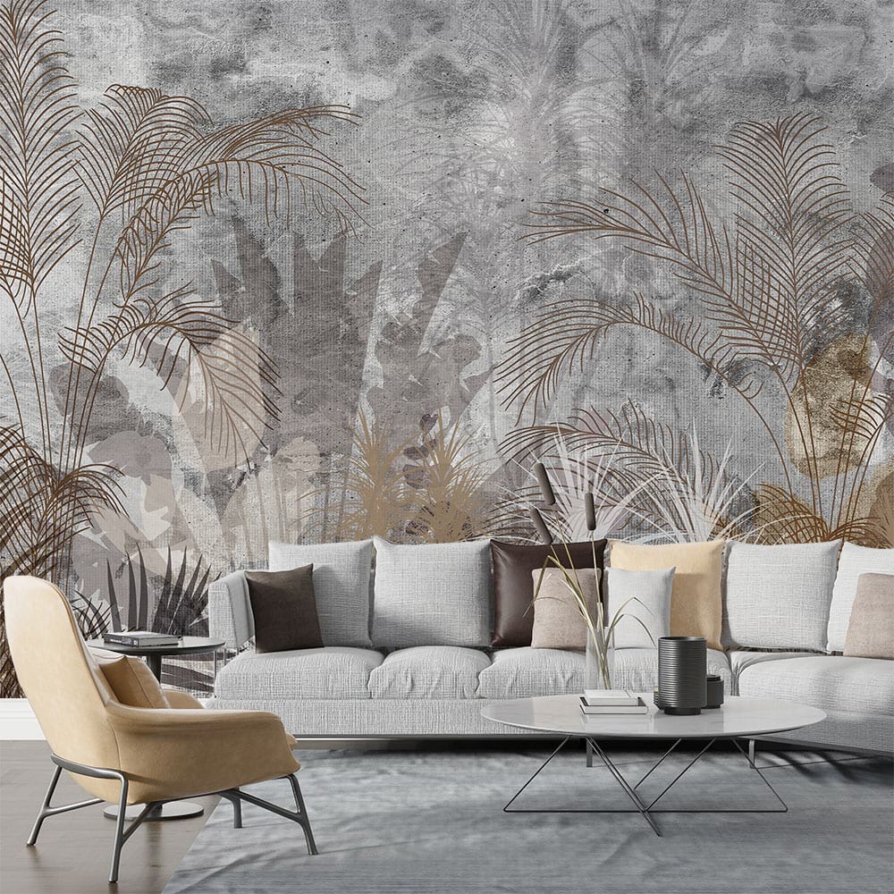 Фототапет Jungle Grey с тропически листа и сив фон